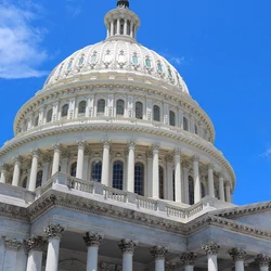 White domed government building with ornate columns and architectural details viewed from below against a bright blue sky with scattered clouds.