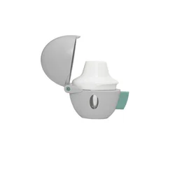 White handheld inhaler device with an open hinged cover, shown against a white background.
